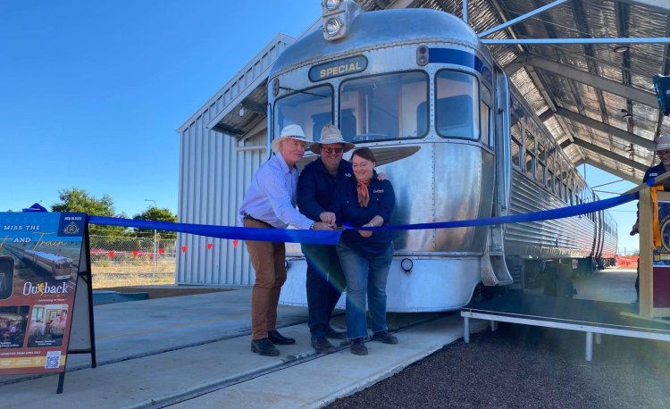 Outback Aussie Tours owners cut the ribbon to officially open Outback Rail Adventure Site