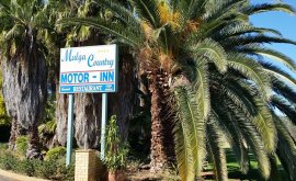 Welcome sigh to Mulga Country Motor Inn with big Palm Trees
